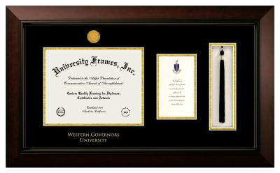 Western Governors University Diploma with Announcement & Tassel Box Frame in Legacy Black Cherry with Black & Gold Mats for DOCUMENT: 8 1/2"H X 11"W  ,  7"H X 4"W  