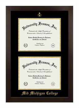 Mid Michigan College Double Degree (Stacked) Frame in Manhattan Espresso with Black & Gold Mats for document: 8 1/2"h x 11"w  , document: 8 1/2"h x 11"w  