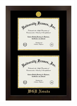 Western Governors University (Nevada) Double Degree (Stacked) Frame in Manhattan Espresso with Black & Gold Mats for document: 8 1/2"h x 11"w  , document: 8 1/2"h x 11"w  