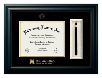 Mid-America Christian University Diploma with Tassel Box Frame in Satin Black with Black & Gold Mats for DOCUMENT: 8 1/2"H X 11"W  