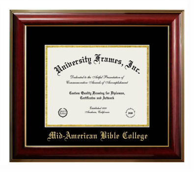 Mid-American Bible College Diploma Frame in Classic Mahogany with Gold Trim with Black & Gold Mats for document: 8 1/2"h x 11"w  