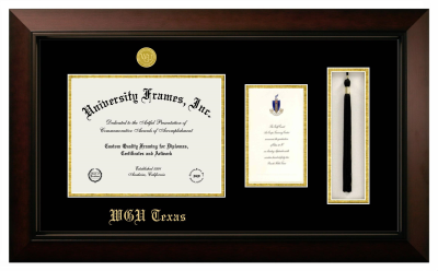 Western Governors University (Texas) Diploma with Announcement & Tassel Box Frame in Legacy Black Cherry with Black & Gold Mats for document: 8 1/2"h x 11"w  , diploma: 7"h x 4"w  
