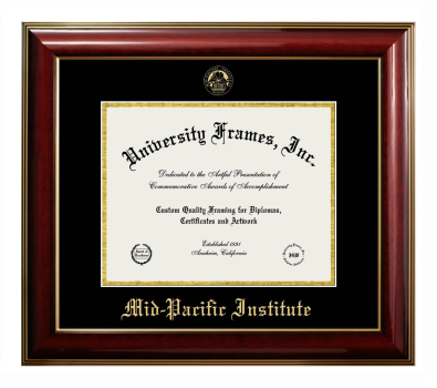Mid-Pacific Institute Diploma Frame in Classic Mahogany with Gold Trim with Black & Gold Mats for DOCUMENT: 8 1/2"H X 11"W  