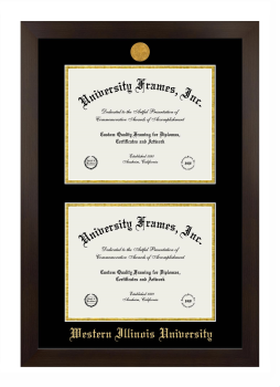 Western Illinois University Double Degree (Stacked) Frame in Manhattan Espresso with Black & Gold Mats for document: 8 1/2"h x 11"w  , document: 8 1/2"h x 11"w  