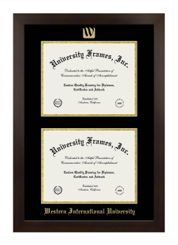 Western International University Double Degree (Stacked) Frame in Manhattan Espresso with Black & Gold Mats for document: 8 1/2"h x 11"w  , document: 8 1/2"h x 11"w  