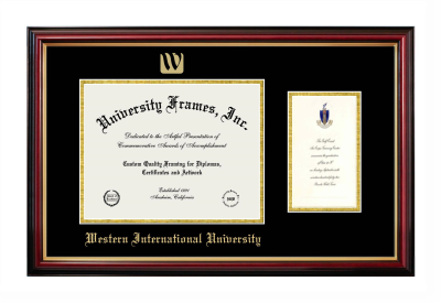 Western International University Diploma with Announcement Frame in Petite Mahogany with Gold Trim with Black & Gold Mats for document: 8 1/2"h x 11"w  , diploma: 7"h x 4"w  