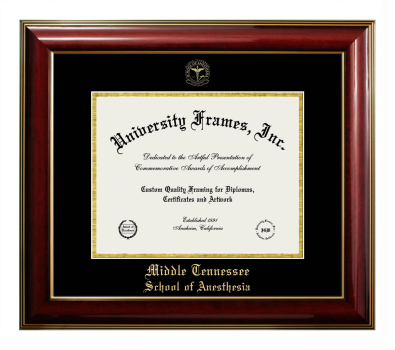 Middle Tennessee School of Anesthesia Diploma Frame in Classic Mahogany with Gold Trim with Black & Gold Mats for DOCUMENT: 8 1/2"H X 11"W  