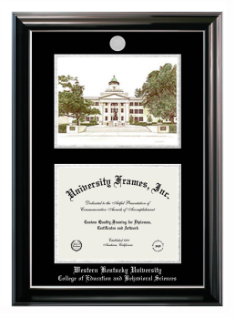 Western Kentucky University College of Education and Behavioral Sciences Double Opening with Campus Image (Stacked) Frame in Classic Ebony with Silver Trim with Black & Silver Mats for document: 8 1/2"h x 11"w  