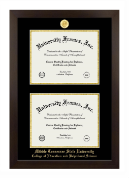 Middle Tennessee State University College of Education and Behavioral Science Double Degree (Stacked) Frame in Manhattan Espresso with Black & Gold Mats for document: 8 1/2"h x 11"w  , document: 8 1/2"h x 11"w  