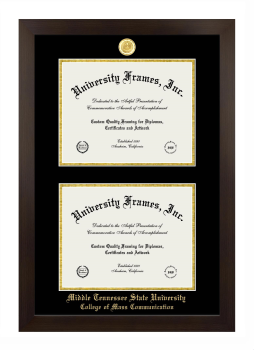 Middle Tennessee State University College of Mass Communication Double Degree (Stacked) Frame in Manhattan Espresso with Black & Gold Mats for document: 8 1/2"h x 11"w  , document: 8 1/2"h x 11"w  