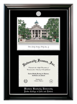 Western Kentucky University Potter College of Arts and Letters Double Opening with Campus Image (Stacked) Frame in Classic Ebony with Silver Trim with Black & Silver Mats for document: 8 1/2"h x 11"w  