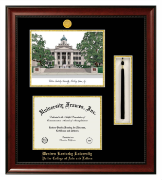 Western Kentucky University Potter College of Arts and Letters Double Opening with Campus Image & Tassel Box (Stacked) Frame in Avalon Mahogany with Black & Gold Mats for document: 8 1/2"h x 11"w  