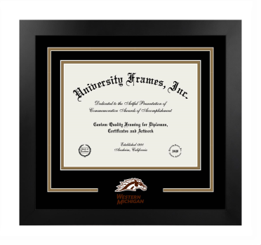 Western Michigan University Logo Mat Frame in Manhattan Black with Black & Bronze Mats for document: 8 1/2"h x 11"w  