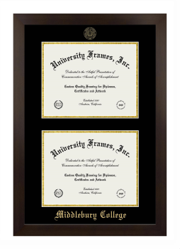 Middlebury College Double Degree (Stacked) Frame in Manhattan Espresso with Black & Gold Mats for document: 8 1/2"h x 11"w  , document: 8 1/2"h x 11"w  