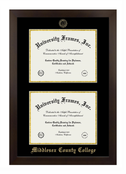 Middlesex County College Double Degree (Stacked) Frame in Manhattan Espresso with Black & Gold Mats for document: 8 1/2"h x 11"w  , document: 8 1/2"h x 11"w  