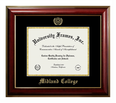 Midland College Diploma Frame in Classic Mahogany with Gold Trim with Black & Gold Mats for DOCUMENT: 8 1/2"H X 11"W  