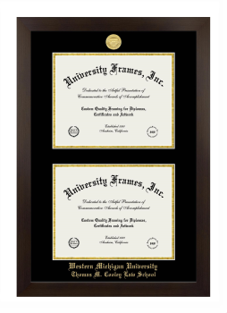 Western Michigan University Thomas M. Cooley Law School Double Degree (Stacked) Frame in Manhattan Espresso with Black & Gold Mats for DOCUMENT: 8 1/2"H X 11"W  , DOCUMENT: 8 1/2"H X 11"W  