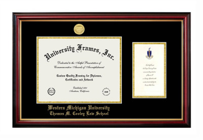Western Michigan University Thomas M. Cooley Law School Diploma with Announcement Frame in Petite Mahogany with Gold Trim with Black & Gold Mats for DOCUMENT: 8 1/2"H X 11"W  ,  7"H X 4"W  