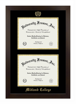 Midland College Double Degree (Stacked) Frame in Manhattan Espresso with Black & Gold Mats for document: 8 1/2"h x 11"w  , document: 8 1/2"h x 11"w  