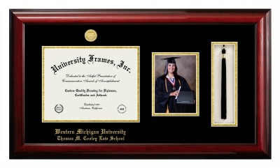 Western Michigan University Thomas M. Cooley Law School Diploma with 5 x 7 Portrait & Tassel Box Frame in Classic Mahogany with Black & Gold Mats for DOCUMENT: 8 1/2"H X 11"W  