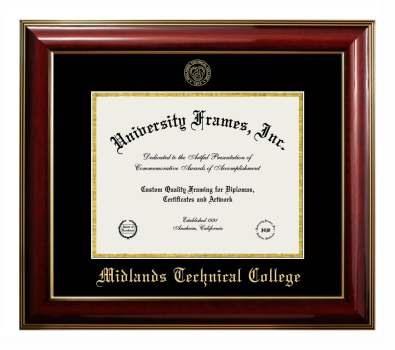 Midlands Technical College Diploma Frame in Classic Mahogany with Gold Trim with Black & Gold Mats for document: 8 1/2"h x 11"w  