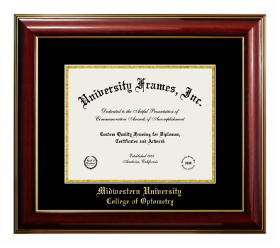 Midwestern University College of Optometry (Glendale, AZ) Diploma Frame in Classic Mahogany with Gold Trim with Black & Gold Mats for DOCUMENT: 8 1/2"H X 11"W  