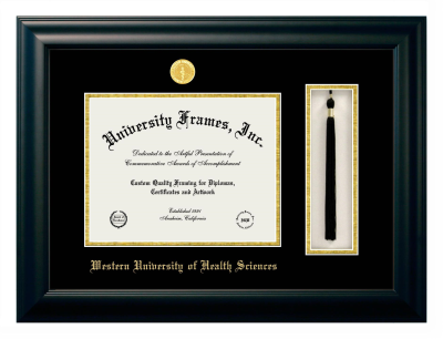 Western University of Health Sciences Diploma with Tassel Box Frame in Satin Black with Black & Gold Mats for DOCUMENT: 8 1/2"H X 11"W  