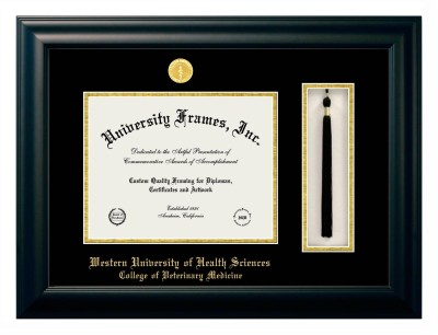 Western University of Health Sciences College of Veterinary Medicine Diploma with Tassel Box Frame in Satin Black with Black & Gold Mats for document: 8 1/2"h x 11"w  