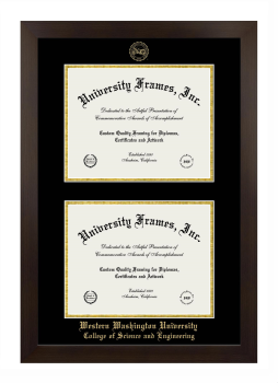 Western Washington University College of Science and Engineering Double Degree (Stacked) Frame in Manhattan Espresso with Black & Gold Mats for document: 8 1/2"h x 11"w  , document: 8 1/2"h x 11"w  