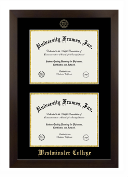 Westminster College (New Wilmington, PA) Double Degree (Stacked) Frame in Manhattan Espresso with Black & Gold Mats for document: 8 1/2"h x 11"w  , document: 8 1/2"h x 11"w  