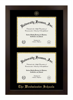 Westminster Schools Double Degree (Stacked) Frame in Manhattan Espresso with Black & Gold Mats for document: 8 1/2"h x 11"w  , document: 8 1/2"h x 11"w  