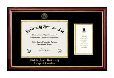 Wichita State University College of Education Diploma with Announcement Frame in Petite Mahogany with Gold Trim with Black & Gold Mats for document: 8 1/2"h x 11"w  , diploma: 7"h x 4"w  