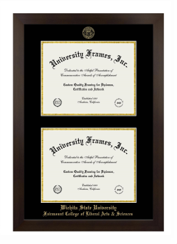 Wichita State University Fairmount College of Liberal Arts & Sciences Double Degree (Stacked) Frame in Manhattan Espresso with Black & Gold Mats for document: 8 1/2"h x 11"w  , document: 8 1/2"h x 11"w  