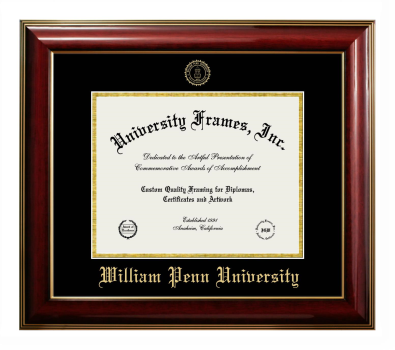 William Penn University Diploma Frame in Classic Mahogany with Gold Trim with Black & Gold Mats for DOCUMENT: 8 1/2"H X 11"W  