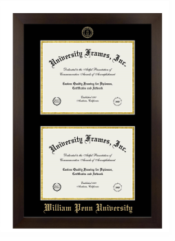 William Penn University Double Degree (Stacked) Frame in Manhattan Espresso with Black & Gold Mats for document: 8 1/2"h x 11"w  , document: 8 1/2"h x 11"w  