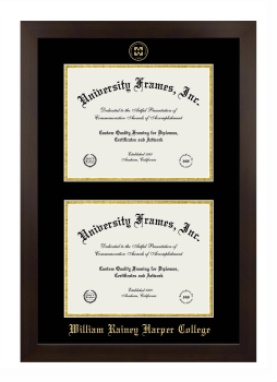 William Rainey Harper College Double Degree (Stacked) Frame in Manhattan Espresso with Black & Gold Mats for document: 8 1/2"h x 11"w  , document: 8 1/2"h x 11"w  