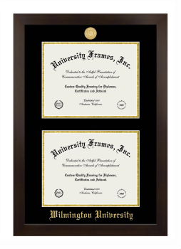 Wilmington University Double Degree (Stacked) Frame in Manhattan Espresso with Black & Gold Mats for document: 8 1/2"h x 11"w  , document: 8 1/2"h x 11"w  