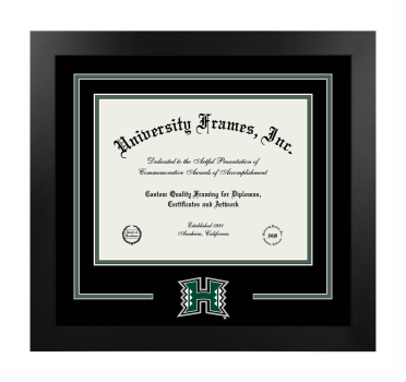 Windward Community College Logo Mat Frame in Manhattan Black with Black & Forest Green Mats for DOCUMENT: 8 1/2"H X 11"W  