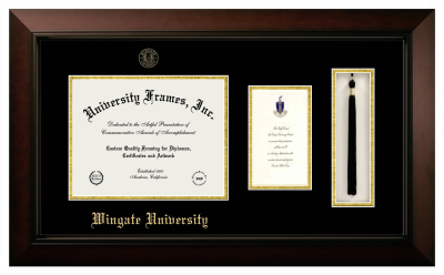 Wingate University Diploma with Announcement & Tassel Box Frame in Legacy Black Cherry with Black & Gold Mats for document: 8 1/2"h x 11"w  , diploma: 7"h x 4"w  