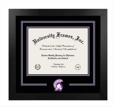 Winona State University College of Business Logo Mat Frame in Manhattan Black with Black & Purple Mats for document: 8 1/2"h x 11"w  