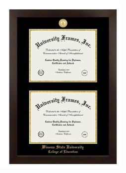 Winona State University College of Education Double Degree (Stacked) Frame in Manhattan Espresso with Black & Gold Mats for document: 8 1/2"h x 11"w  , document: 8 1/2"h x 11"w  