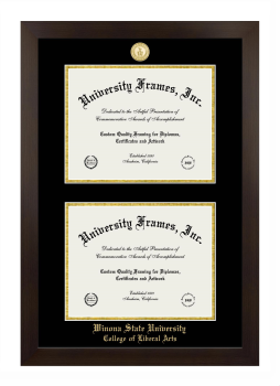 Winona State University College of Liberal Arts Double Degree (Stacked) Frame in Manhattan Espresso with Black & Gold Mats for document: 8 1/2"h x 11"w  , document: 8 1/2"h x 11"w  