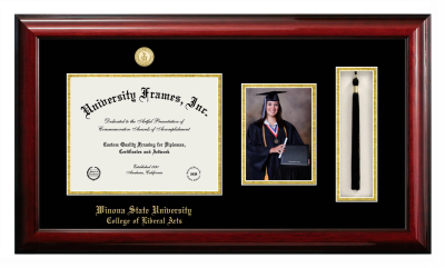 Winona State University College of Liberal Arts Diploma with 5 x 7 Portrait & Tassel Box Frame in Classic Mahogany with Black & Gold Mats for document: 8 1/2"h x 11"w  