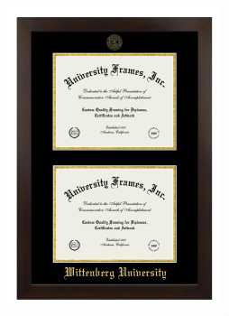 Wittenberg University Double Degree (Stacked) Frame in Manhattan Espresso with Black & Gold Mats for document: 8 1/2"h x 11"w  , document: 8 1/2"h x 11"w  