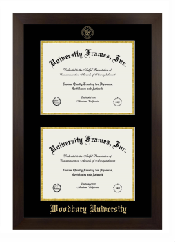 Woodbury University Double Degree (Stacked) Frame in Manhattan Espresso with Black & Gold Mats for document: 8 1/2"h x 11"w  , document: 8 1/2"h x 11"w  