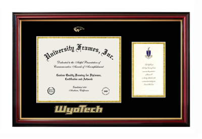 Wyotech Diploma with Announcement Frame in Petite Mahogany with Gold Trim with Black & Gold Mats for DOCUMENT: 8 1/2"H X 11"W  ,  7"H X 4"W  