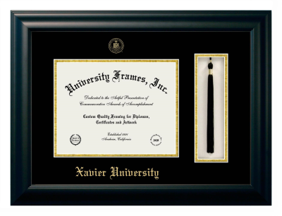 Xavier University Diploma with Tassel Box Frame in Satin Black with Black & Gold Mats for document: 8 1/2"h x 11"w  