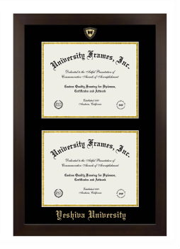 Yeshiva University Double Degree (Stacked) Frame in Manhattan Espresso with Black & Gold Mats for document: 8 1/2"h x 11"w  , document: 8 1/2"h x 11"w  