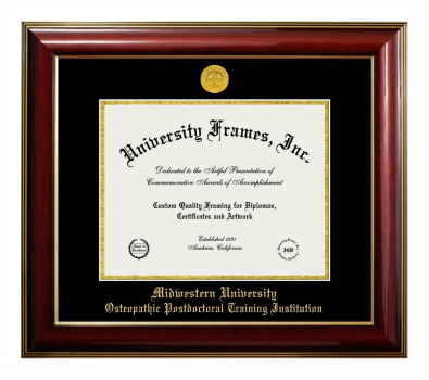Midwestern University Osteopathic Postdoctoral Training Institution (Glendale, AZ) Diploma Frame in Classic Mahogany with Gold Trim with Black & Gold Mats for DOCUMENT: 8 1/2"H X 11"W  