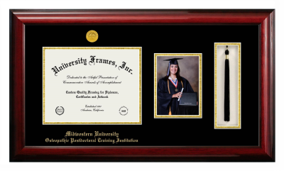 Midwestern University Osteopathic Postdoctoral Training Institution (Glendale, AZ) Diploma with 5 x 7 Portrait & Tassel Box Frame in Classic Mahogany with Black & Gold Mats for document: 8 1/2"h x 11"w  
